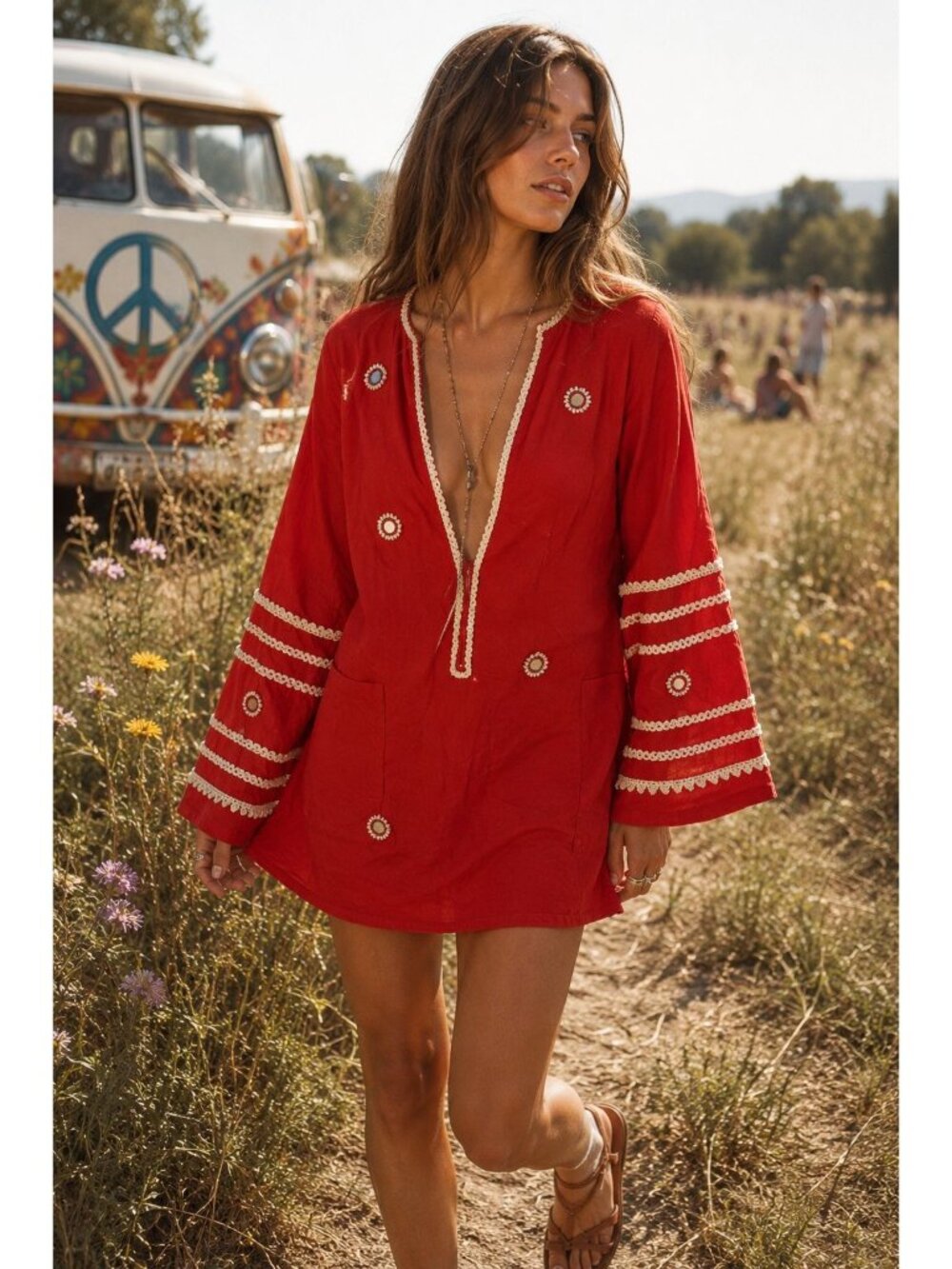 Red Embroidered V-Neck Tunic Dress